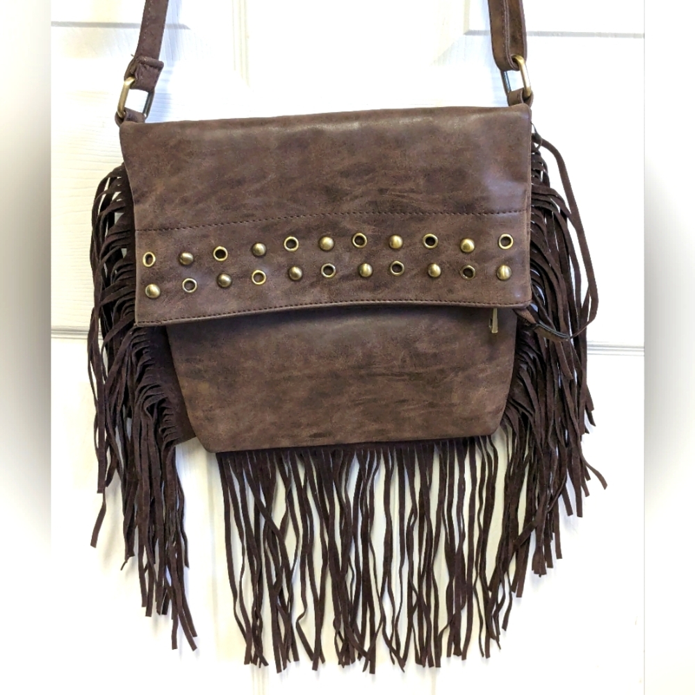 Faux leather brown western boho fringe Purse Folds Over & Snaps Unknown brand